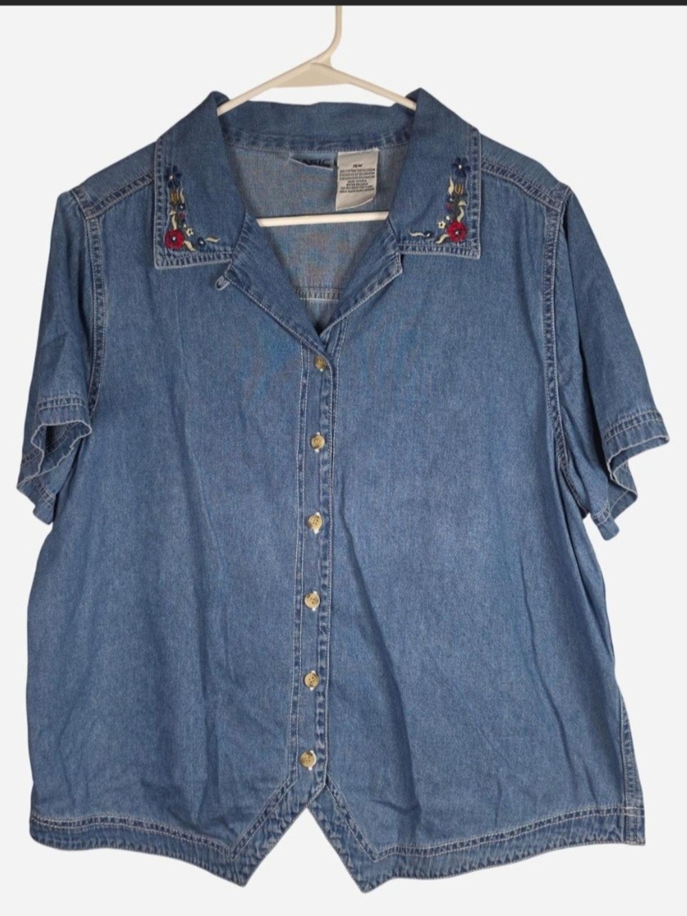 Vintage 90s Embroidered Denim Short Sleeve Top Blue XL
